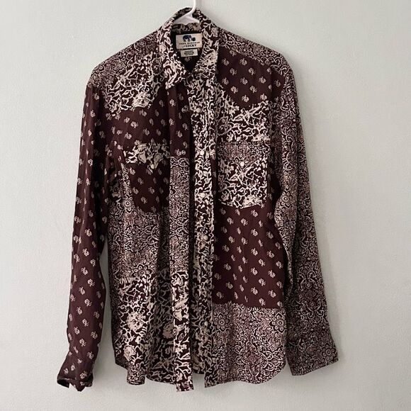 Lucky Brand John Robshaw Men’s Shirt Brown White Paisley Floral Boho Western Med - Picture 1 of 7